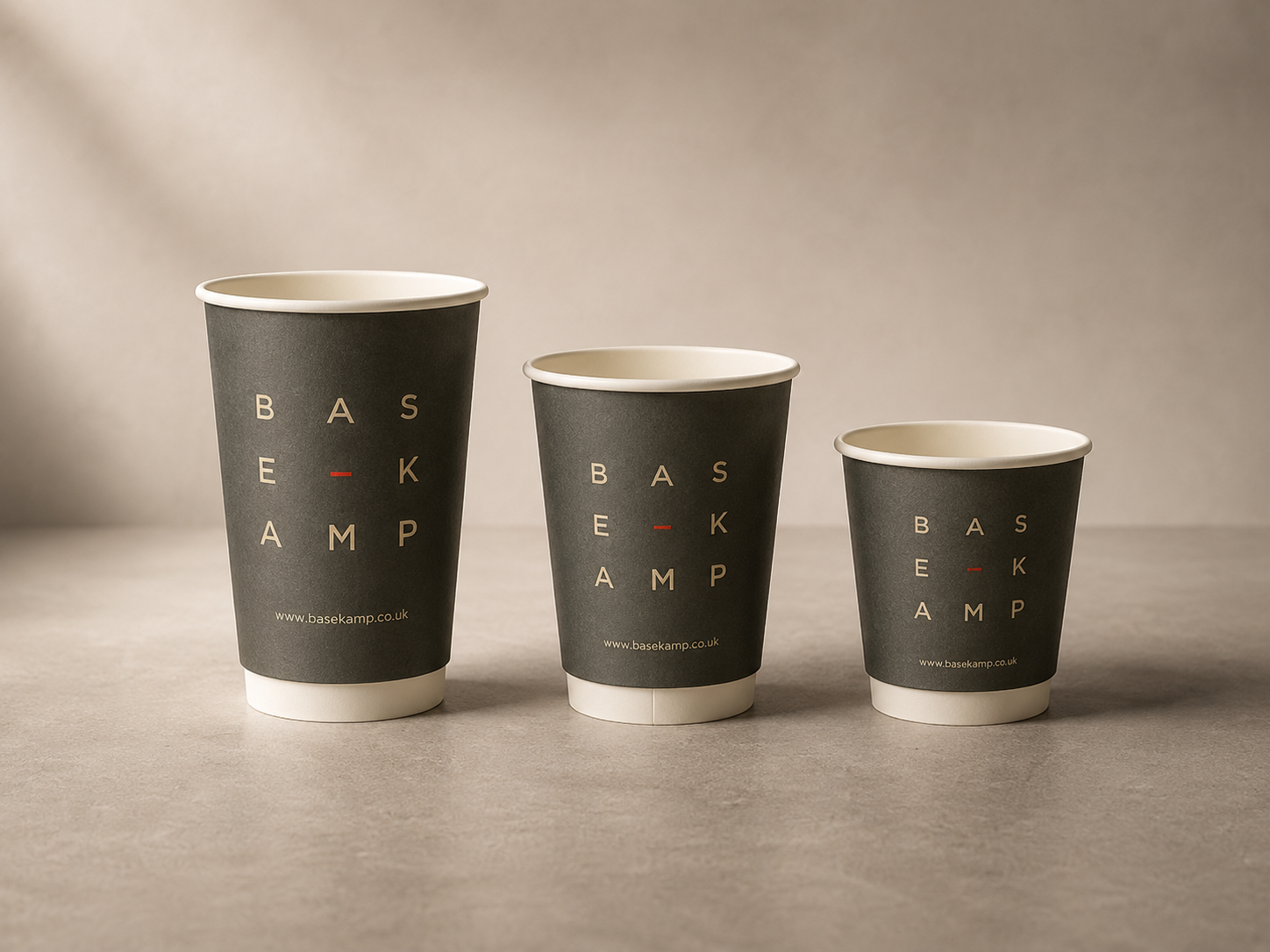 Custom printed Basekamp paper cups in three sizes