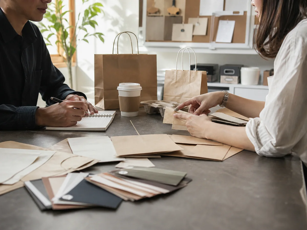 Two people reviewing paper packaging samples around a table